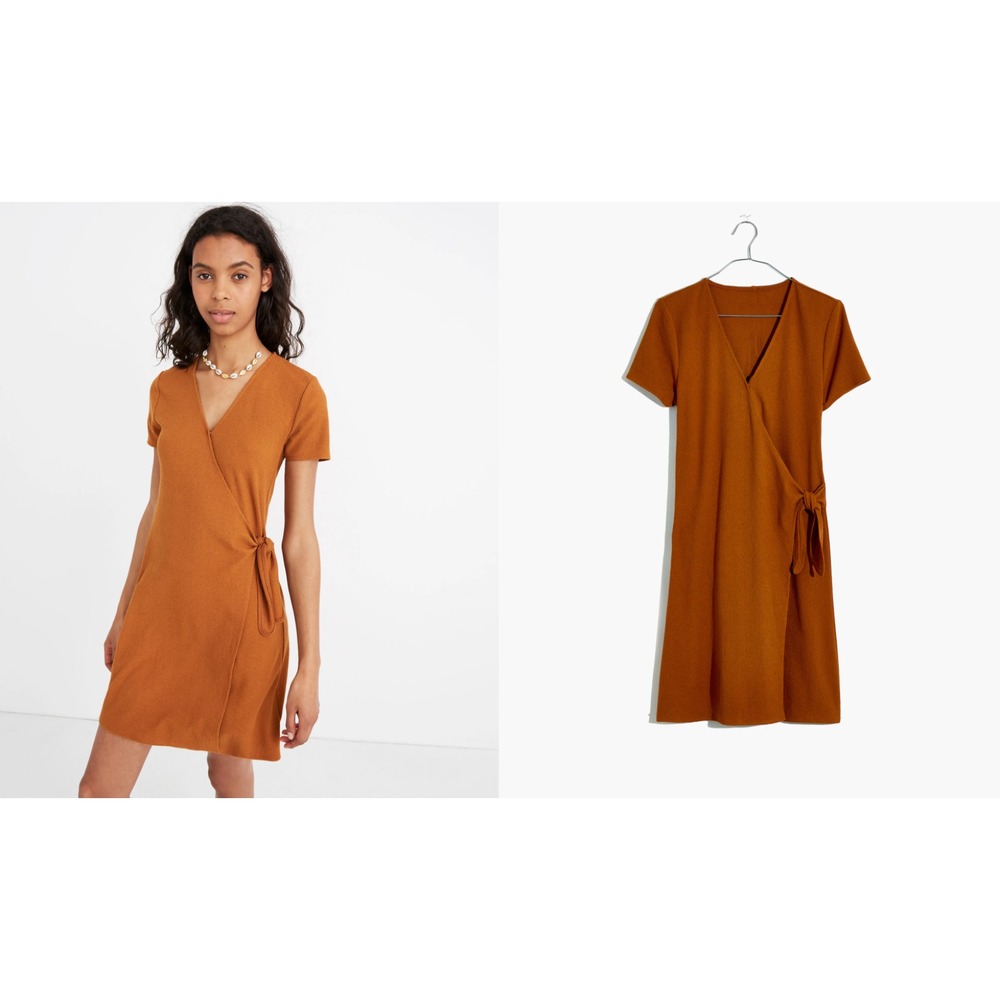 Madewell Texture & Thread Dress XS Orange Wrap Short Sleeve Mini L8757 Rust